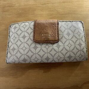 Fossil Madison Slim Clutch Vegan & Leather Wallet Bone Brow & Pink Interior